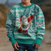 Custom Hawaii Mele Kalikimaka Kid Ugly Christmas Sweater Santa Claus Surfing with Hawaiian Pattern Striped Turquoise Style LT03 - Polynesian Pride
