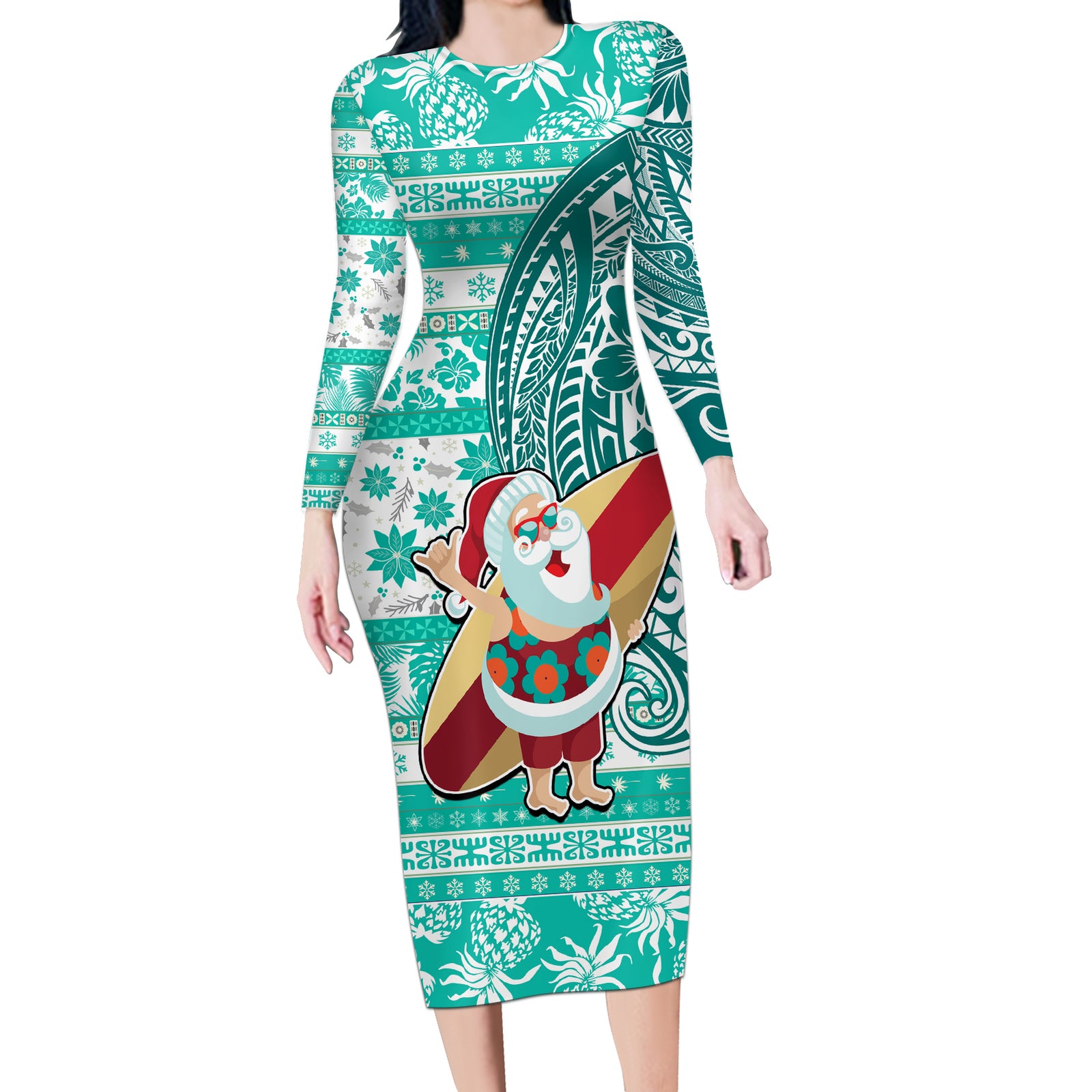 Custom Hawaii Mele Kalikimaka Long Sleeve Bodycon Dress Santa Claus Surfing with Hawaiian Pattern Striped Turquoise Style LT03 Long Dress Turquoise - Polynesian Pride