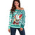 Custom Hawaii Mele Kalikimaka Off Shoulder Sweater Santa Claus Surfing with Hawaiian Pattern Striped Turquoise Style LT03 Women Turquoise - Polynesian Pride