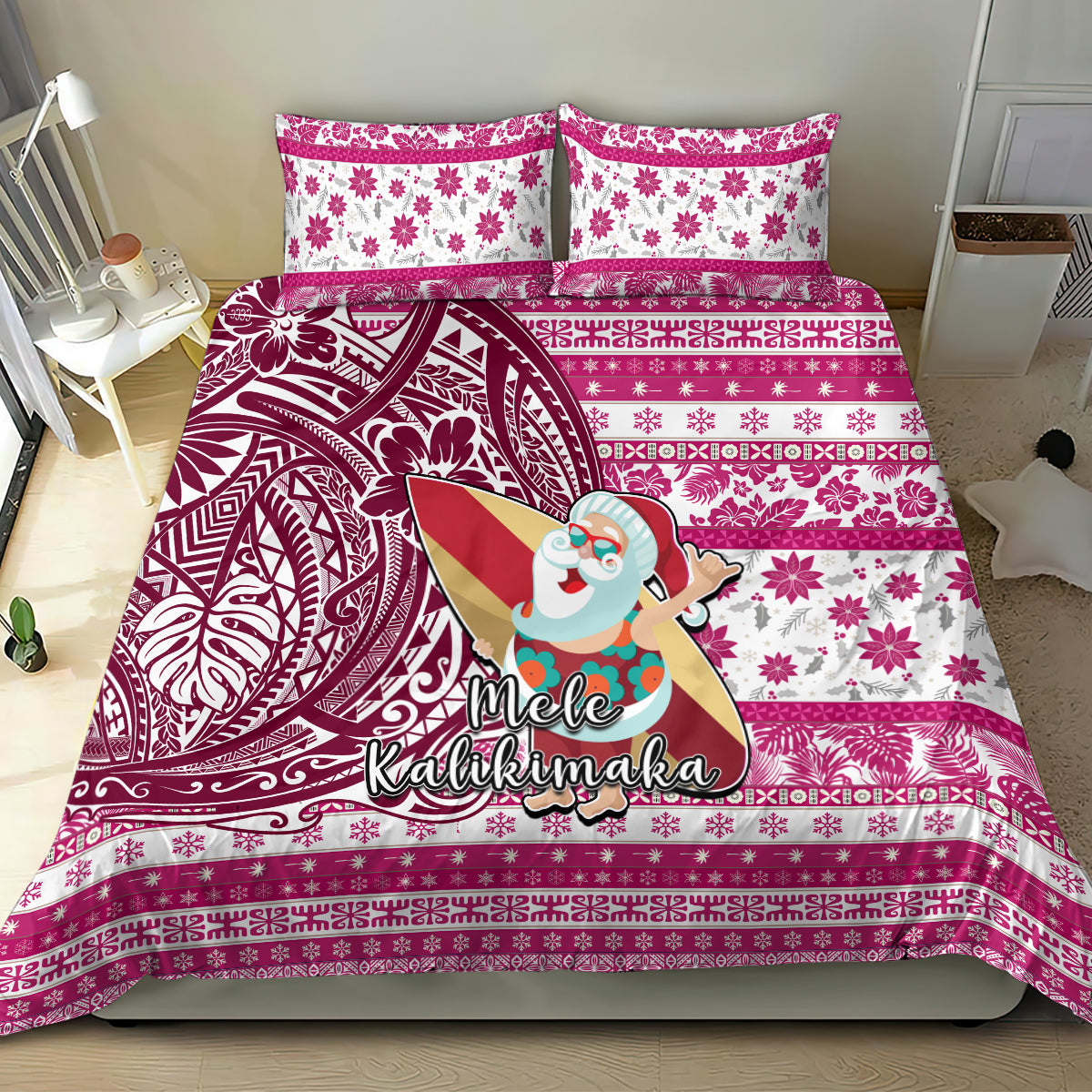 Hawaii Mele Kalikimaka Bedding Set Santa Claus Surfing with Hawaiian Pattern Striped Pink Style LT03 - Polynesian Pride