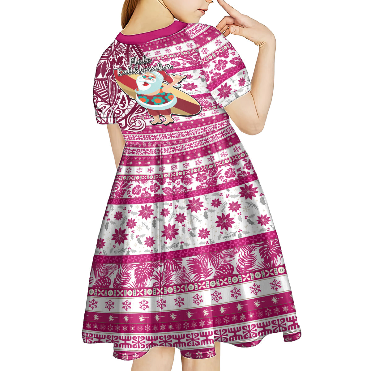 Hawaii Mele Kalikimaka Kid Short Sleeve Dress Santa Claus Surfing with Hawaiian Pattern Striped Pink Style LT03 - Polynesian Pride