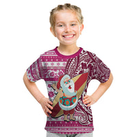 Hawaii Mele Kalikimaka Kid T Shirt Santa Claus Surfing with Hawaiian Pattern Striped Pink Style LT03 Pink - Polynesian Pride