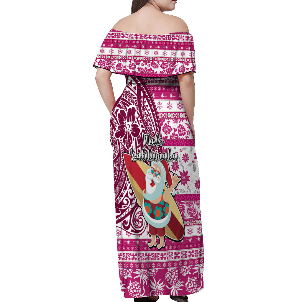 Hawaii Mele Kalikimaka Off Shoulder Maxi Dress Santa Claus Surfing with Hawaiian Pattern Striped Pink Style LT03 - Polynesian Pride