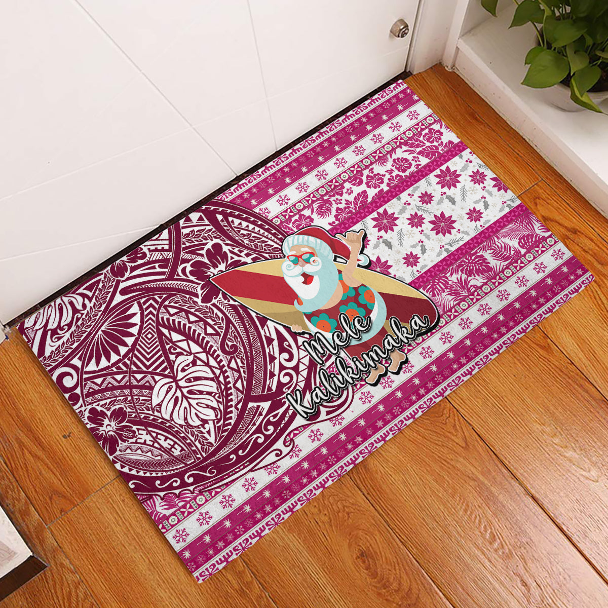 Hawaii Mele Kalikimaka Rubber Doormat Santa Claus Surfing with Hawaiian Pattern Striped Pink Style LT03 Pink - Polynesian Pride