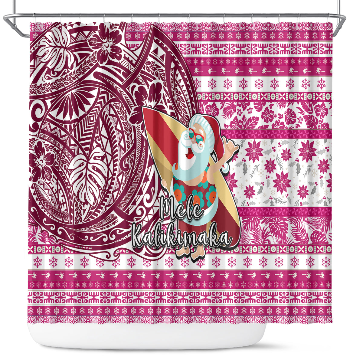 Hawaii Mele Kalikimaka Shower Curtain Santa Claus Surfing with Hawaiian Pattern Striped Pink Style LT03 Pink - Polynesian Pride