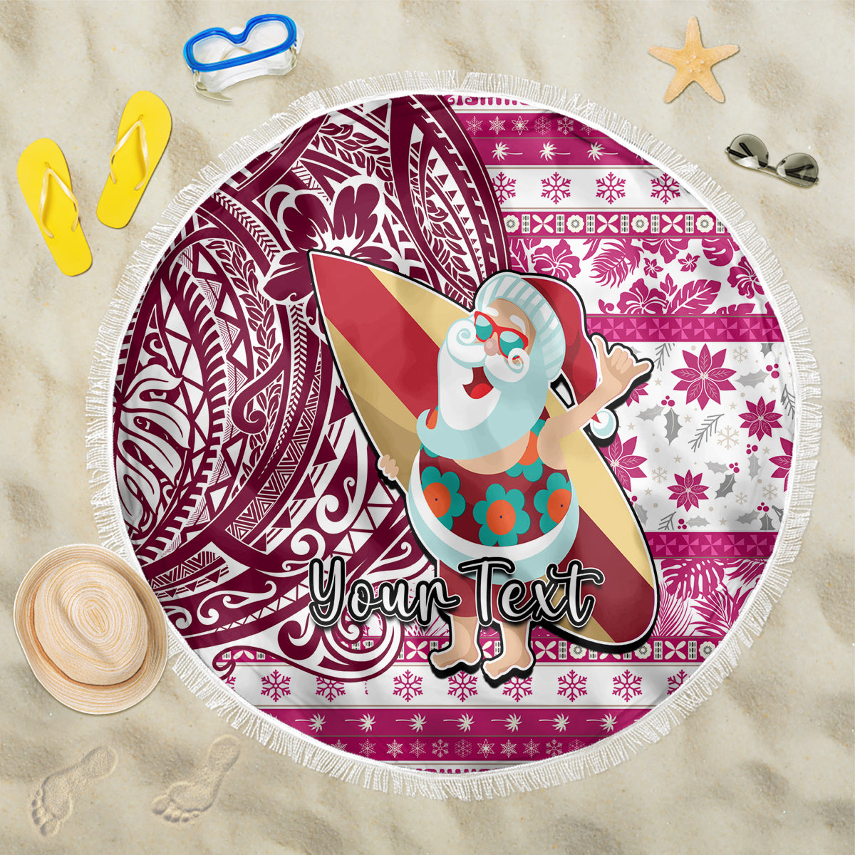 Custom Hawaii Mele Kalikimaka Beach Blanket Santa Claus Surfing with Hawaiian Pattern Striped Pink Style LT03 One Size 150cm Pink - Polynesian Pride