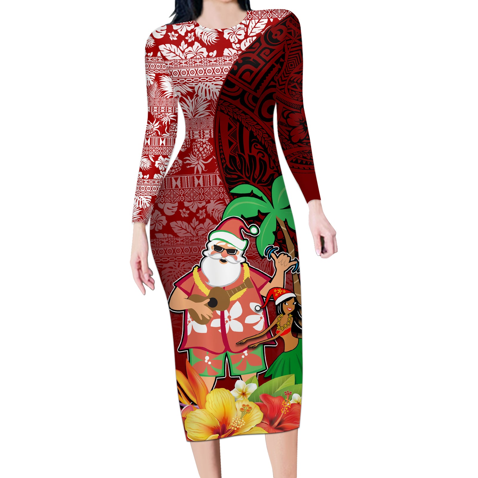 Hawaii Mele Kalikimaka Long Sleeve Bodycon Dress Santa Claus and Hula Girl Tropical Folwer with Hawaiian Pattern LT03 Long Dress Red - Polynesian Pride
