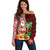 Hawaii Mele Kalikimaka Off Shoulder Sweater Santa Claus and Hula Girl Tropical Folwer with Hawaiian Pattern LT03 Women Red - Polynesian Pride