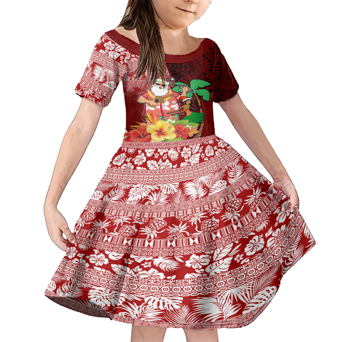 Custom Hawaii Mele Kalikimaka Kid Short Sleeve Dress Santa Claus and Hula Girl Tropical Folwer with Hawaiian Pattern LT03 KID Red - Polynesian Pride