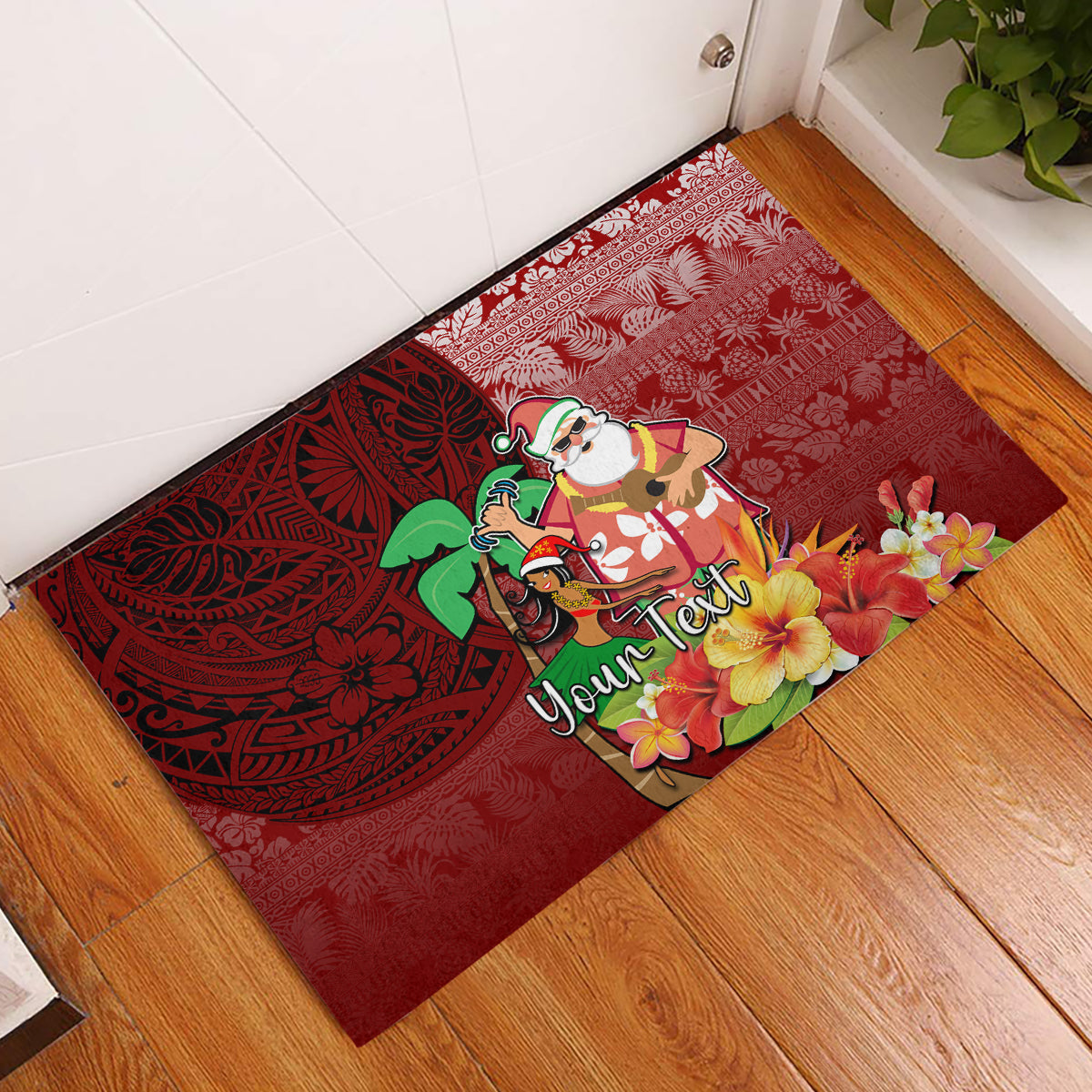 Custom Hawaii Mele Kalikimaka Rubber Doormat Santa Claus and Hula Girl Tropical Folwer with Hawaiian Pattern LT03 Red - Polynesian Pride