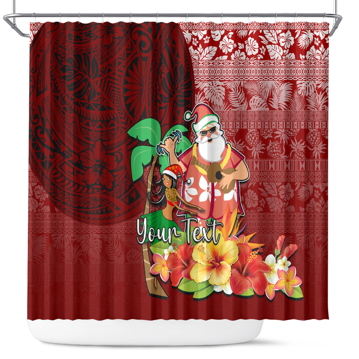 Custom Hawaii Mele Kalikimaka Shower Curtain Santa Claus and Hula Girl Tropical Folwer with Hawaiian Pattern LT03 Red - Polynesian Pride