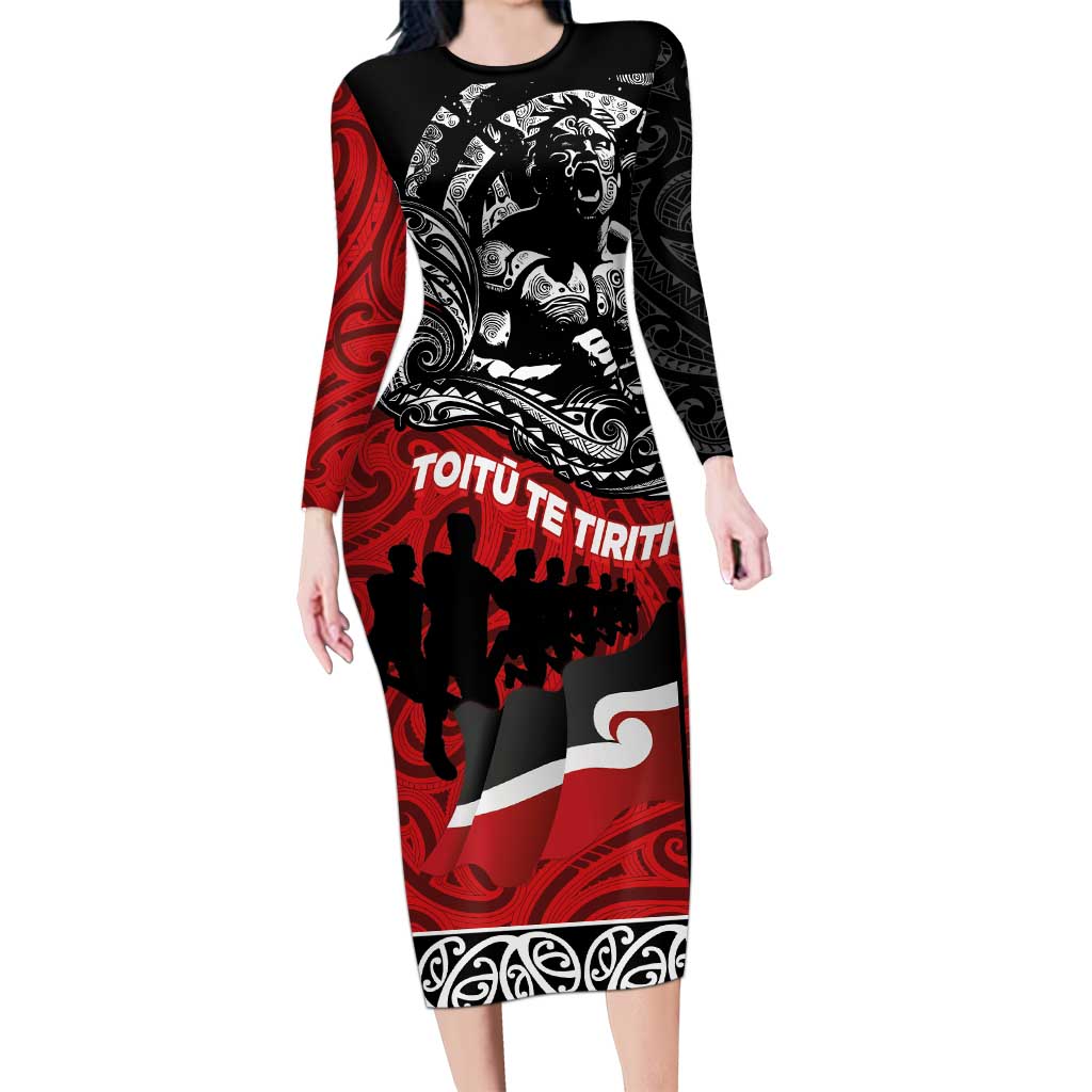 Aotearoa Toitu Te Tiriti Long Sleeve Bodycon Dress Honoring Te Tiriti o Waitangi Maori Haka LT03 Long Dress Red - Polynesian Pride