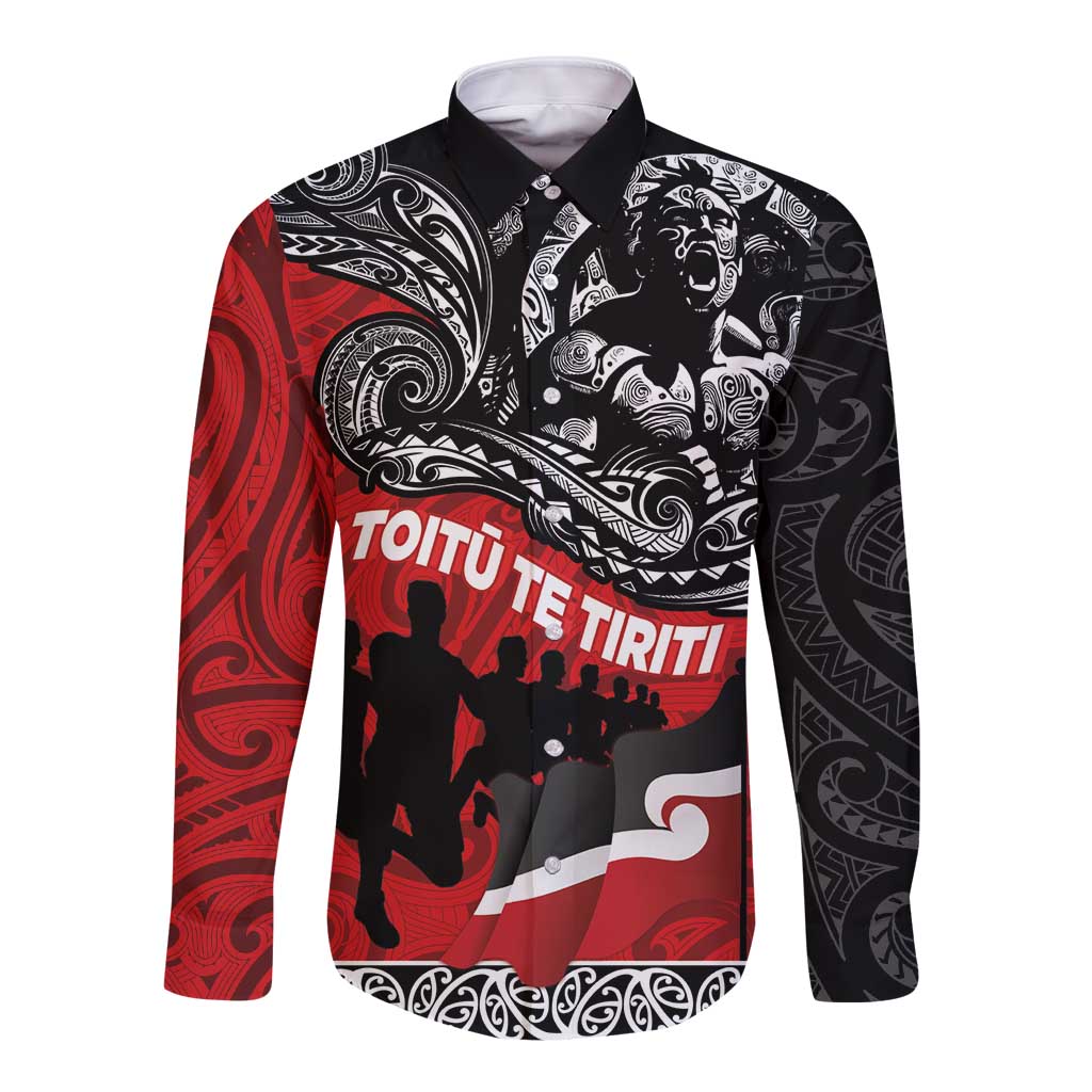 Aotearoa Toitu Te Tiriti Long Sleeve Button Shirt Honoring Te Tiriti o Waitangi Maori Haka LT03 Unisex Red - Polynesian Pride