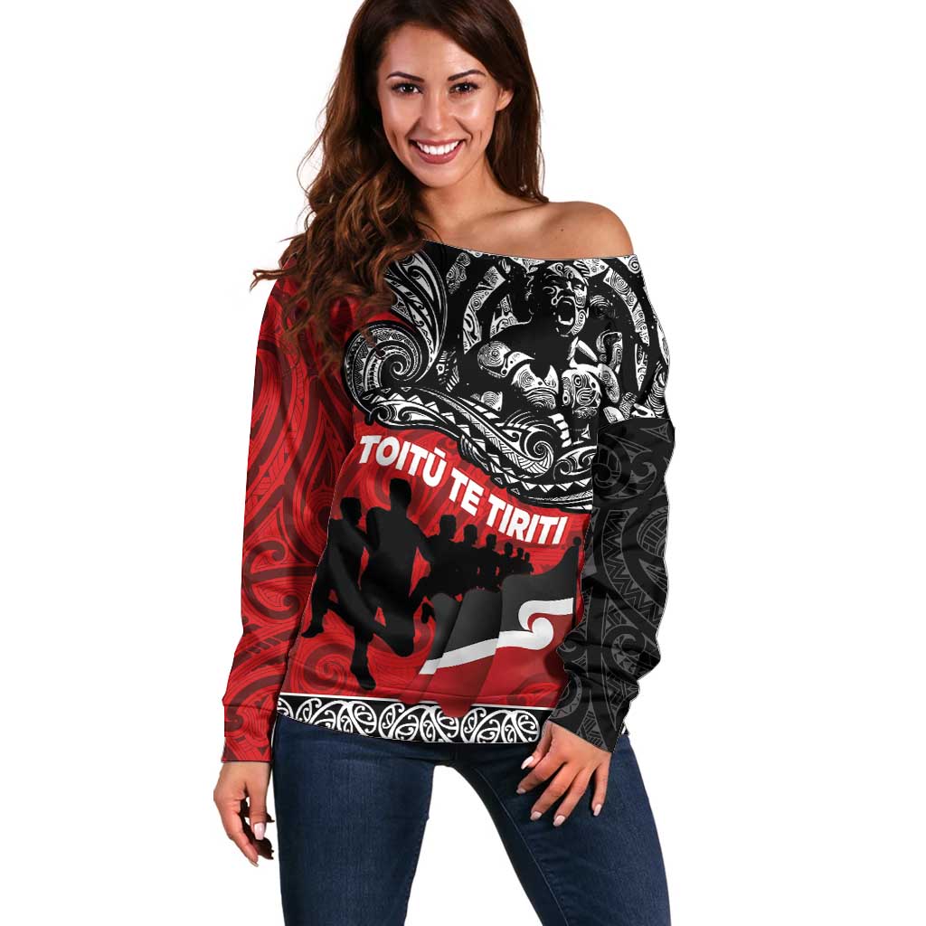 Aotearoa Toitu Te Tiriti Off Shoulder Sweater Honoring Te Tiriti o Waitangi Maori Haka LT03 Women Red - Polynesian Pride