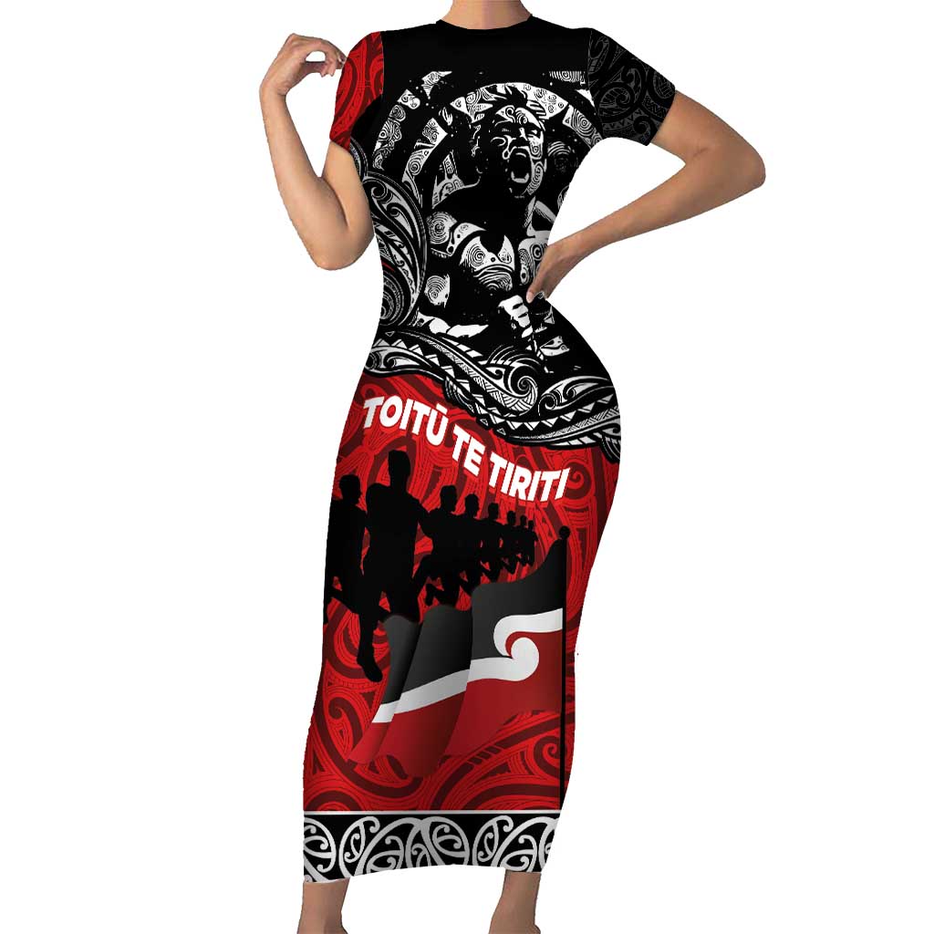 Aotearoa Toitu Te Tiriti Short Sleeve Bodycon Dress Honoring Te Tiriti o Waitangi Maori Haka LT03 Long Dress Red - Polynesian Pride