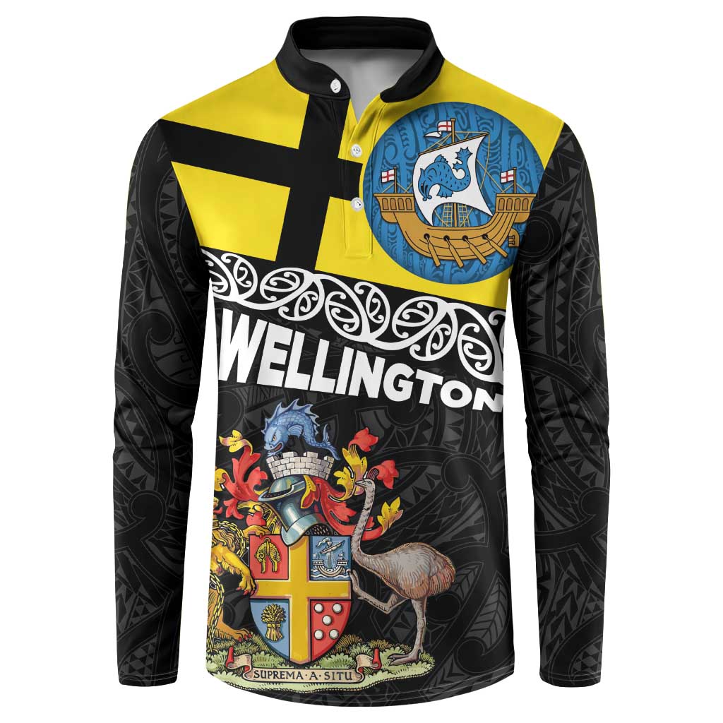 New Zealand Wellington Button Sweatshirt The Capital's Emblems Flag and Koru Art LT03 Black - Polynesian Pride
