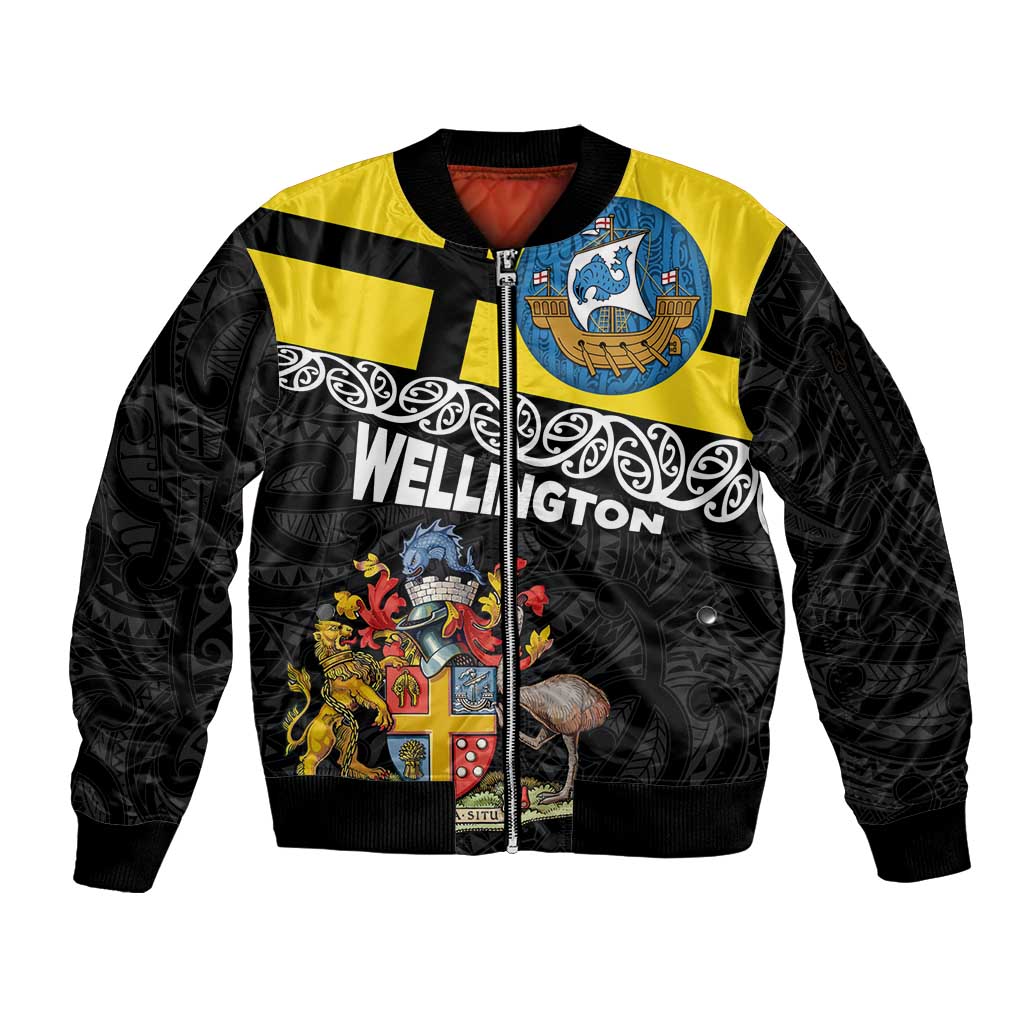 New Zealand Wellington Sleeve Zip Bomber Jacket The Capital's Emblems Flag and Koru Art LT03 Unisex Black - Polynesian Pride