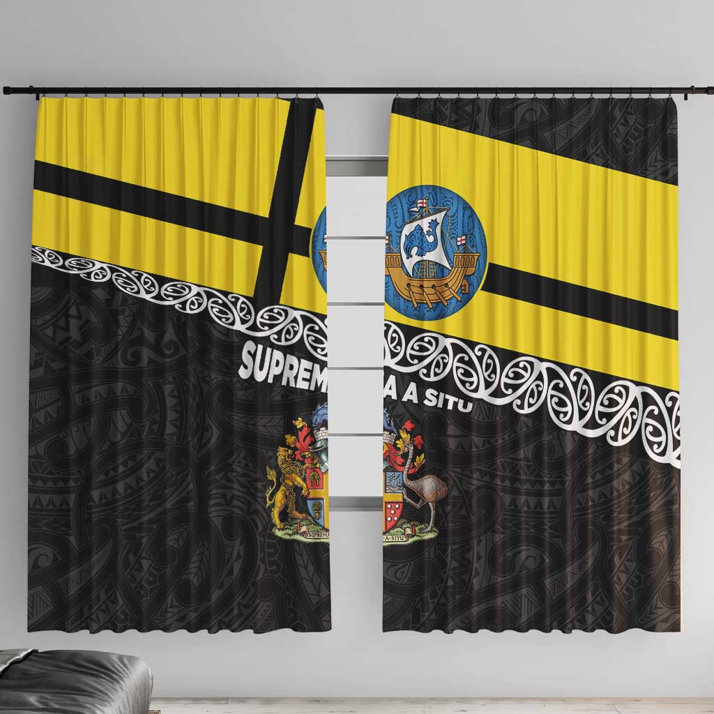 New Zealand Wellington Window Curtain The Capital's Emblems Flag and Koru Art LT03 With Hooks Black - Polynesian Pride