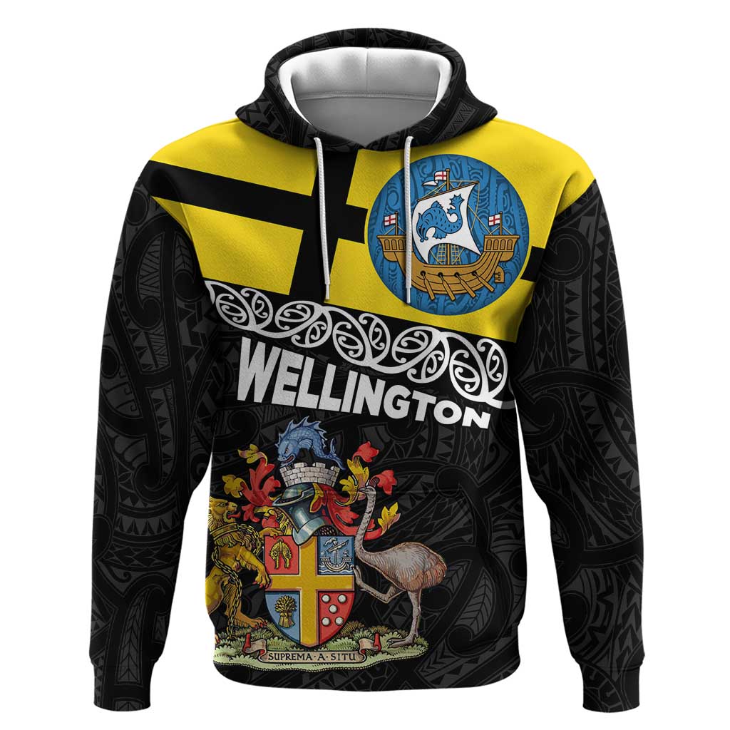 New Zealand Wellington Zip Hoodie The Capital's Emblems Flag and Koru Art LT03 Pullover Hoodie Black - Polynesian Pride