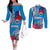 Personalised Samoa Coat Of Arms Couples Matching Off The Shoulder Long Sleeve Dress and Long Sleeve Button Shirt Tropical Flower Blue Polynesian Pattern LT03 Blue - Polynesian Pride