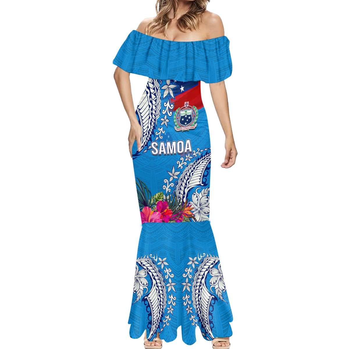 Personalised Samoa Coat Of Arms Mermaid Dress Tropical Flower Blue Polynesian Pattern LT03 - Polynesian Pride
