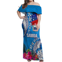 Personalised Samoa Coat Of Arms Off Shoulder Maxi Dress Tropical Flower Blue Polynesian Pattern LT03 Women Blue - Polynesian Pride