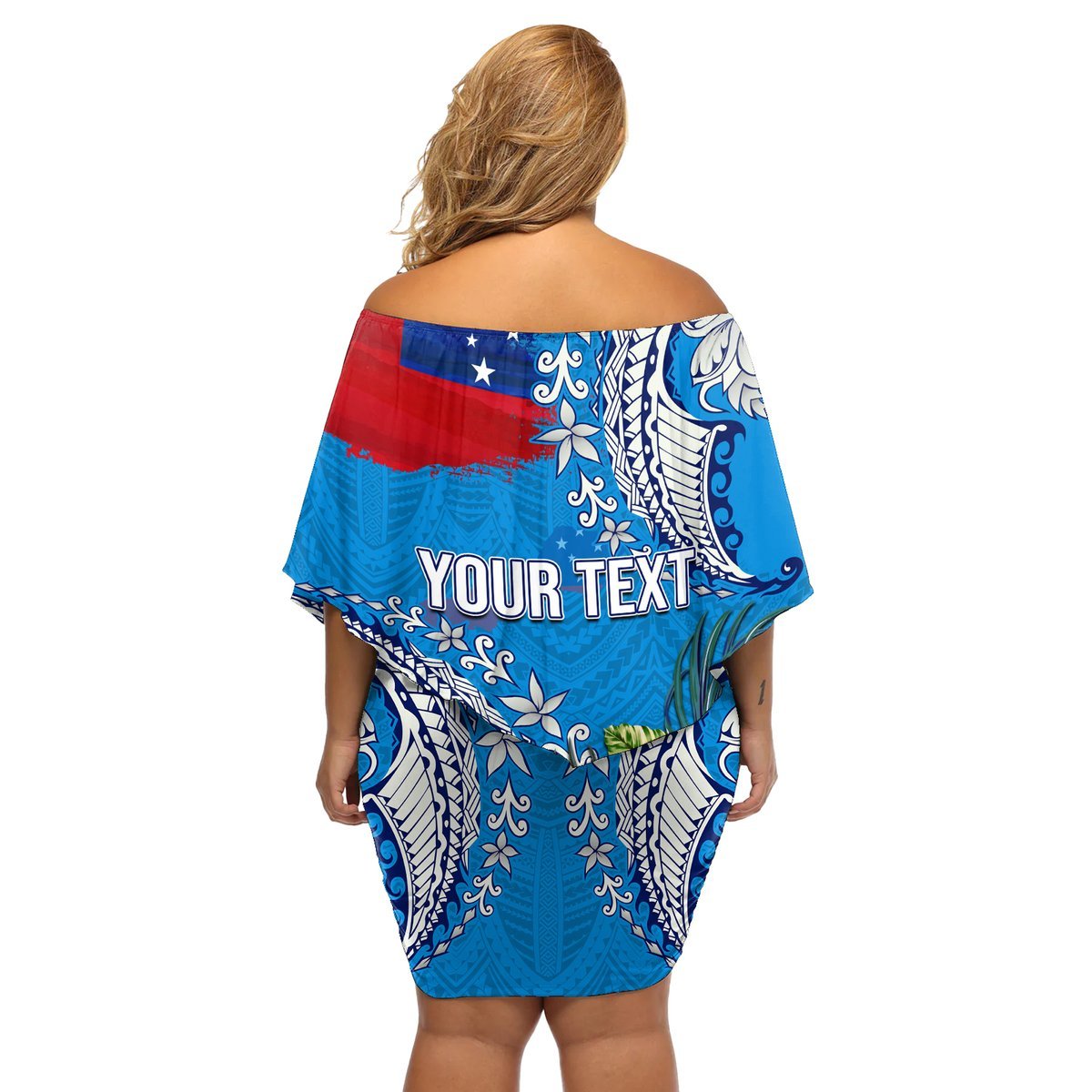 Personalised Samoa Coat Of Arms Off Shoulder Short Dress Tropical Flower Blue Polynesian Pattern LT03 - Polynesian Pride