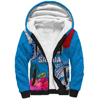 Personalised Samoa Coat Of Arms Sherpa Hoodie Tropical Flower Blue Polynesian Pattern LT03 Unisex Blue - Polynesian Pride