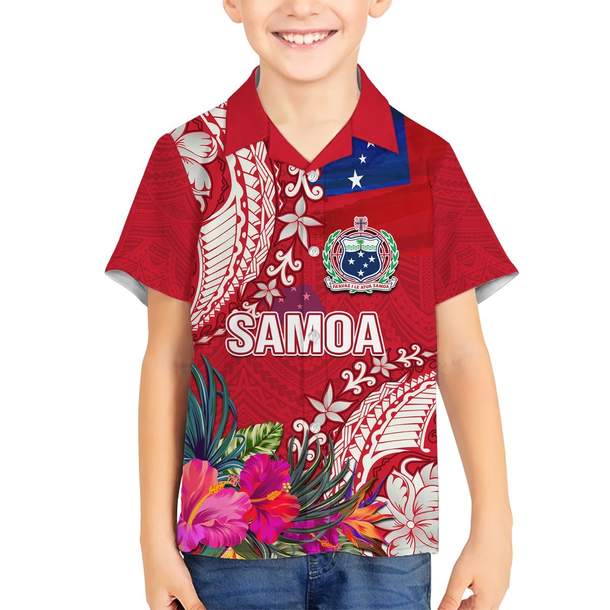 Personalised Samoa Coat Of Arms Hawaiian Shirt Tropical Flower Red Polynesian Pattern LT03 - Polynesian Pride