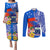 Personalised Samoa Coat Of Arms Couples Matching Puletasi Dress and Long Sleeve Button Shirt Hibiscus Polynesian Tattoo Pattern LT03 Blue - Polynesian Pride