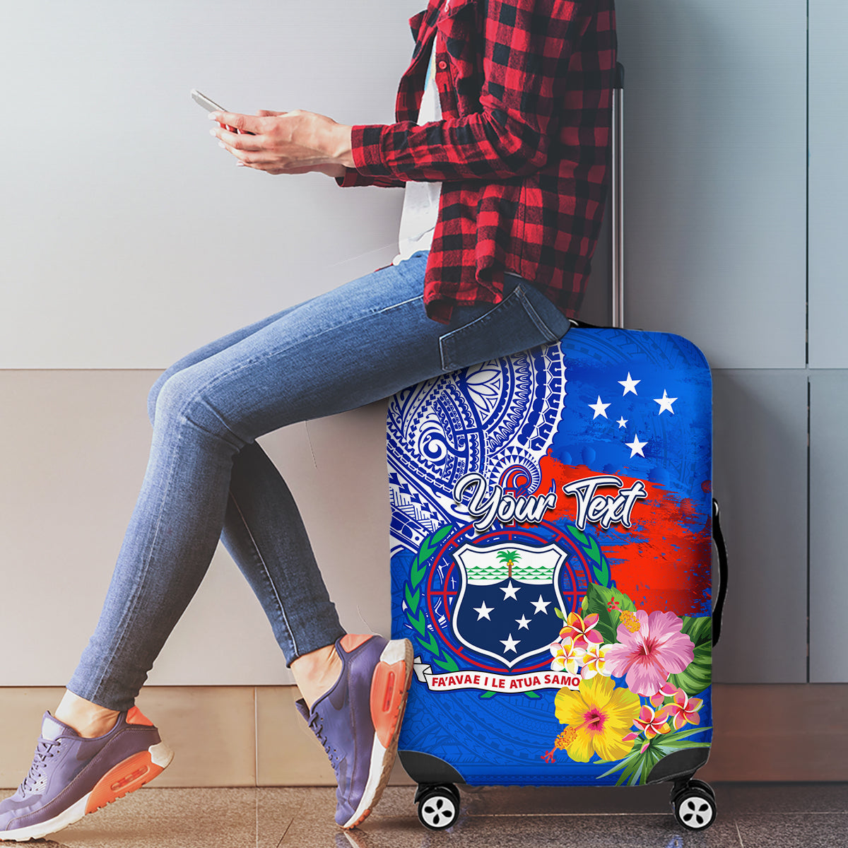 Personalised Samoa Coat Of Arms Luggage Cover Hibiscus Polynesian Tattoo Pattern LT03 - Polynesian Pride