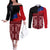 Samoa Flag Day Couples Matching Off The Shoulder Long Sleeve Dress and Long Sleeve Button Shirt Siapo Pattern and Ula Fala LT03 Red - Polynesian Pride