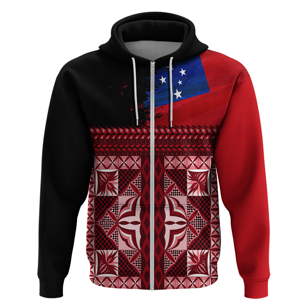 Samoa Flag Day Hoodie Siapo Pattern and Ula Fala LT03 Zip Hoodie Red - Polynesian Pride