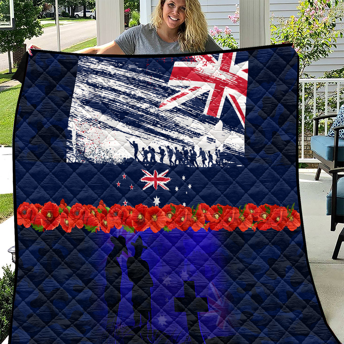 New Zealand and Australia ANZAC Day Quilt Lest We Forget Red Poppy Flowers and Soldier LT03 Blue - Polynesian Pride