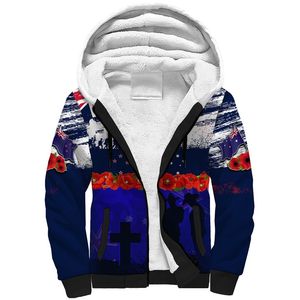 New Zealand and Australia ANZAC Day Sherpa Hoodie Lest We Forget Red Poppy Flowers and Soldier LT03 Unisex Blue - Polynesian Pride