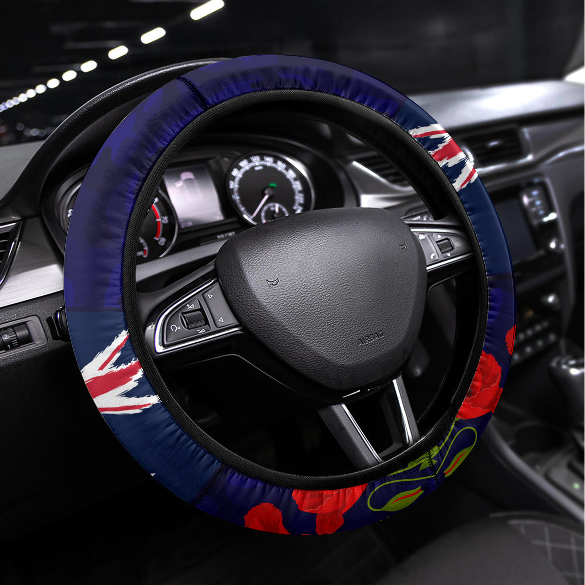 New Zealand and Australia ANZAC Day Steering Wheel Cover Lest We Forget Red Poppy Flowers and Soldier LT03 Universal Fit Blue - Polynesian Pride