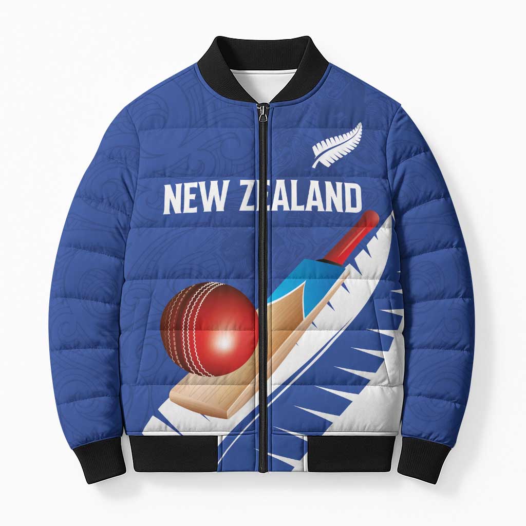 Custom New Zealand Cricket Bomber Puffer Jacket Kiwi Birds Haka Dance Blue Fern Sporty Style LT03 Unisex Blue - Polynesian Pride