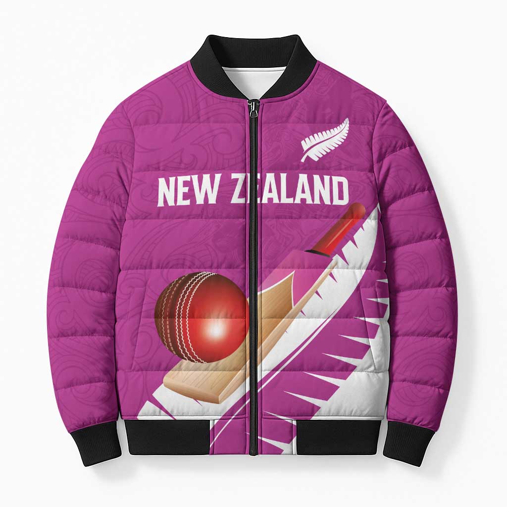 Custom New Zealand Cricket Bomber Puffer Jacket Kiwi Birds Haka Dance Pink Fern Sporty Style LT03 Unisex Pink - Polynesian Pride