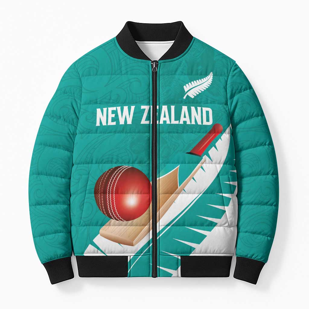 Custom New Zealand Cricket Bomber Puffer Jacket Kiwi Birds Haka Dance Turquoise Fern Sporty Style LT03 Unisex Turquoise - Polynesian Pride