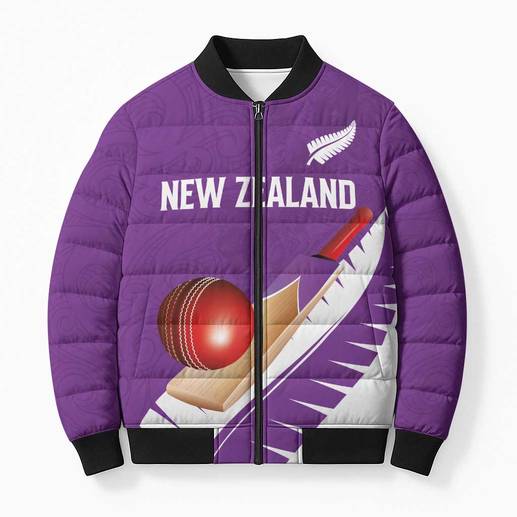 Custom New Zealand Cricket Bomber Puffer Jacket Kiwi Birds Haka Dance Purple Fern Sporty Style LT03 Unisex Purple - Polynesian Pride