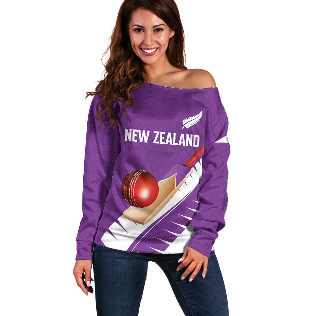Custom New Zealand Cricket Off Shoulder Sweater Kiwi Birds Haka Dance Purple Fern Sporty Style LT03 Women Purple - Polynesian Pride