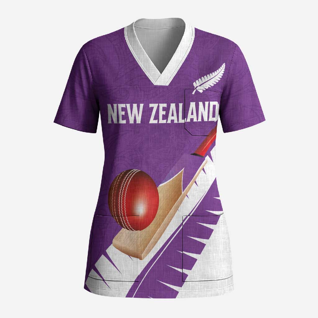 Custom New Zealand Cricket Scrub Top Kiwi Birds Haka Dance Purple Fern Sporty Style LT03 Adult Purple - Polynesian Pride