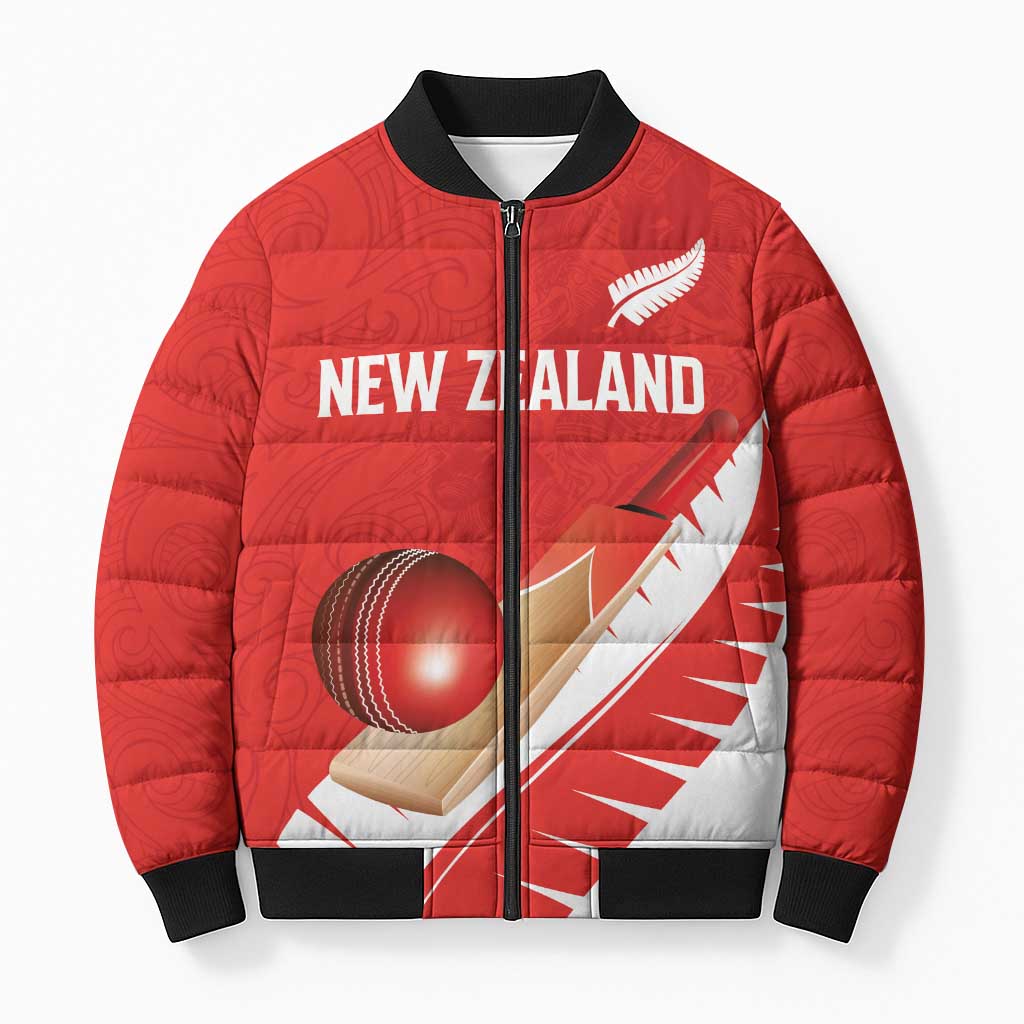 Custom New Zealand Cricket Bomber Puffer Jacket Kiwi Birds Haka Dance Red Fern Sporty Style LT03 Unisex Red - Polynesian Pride