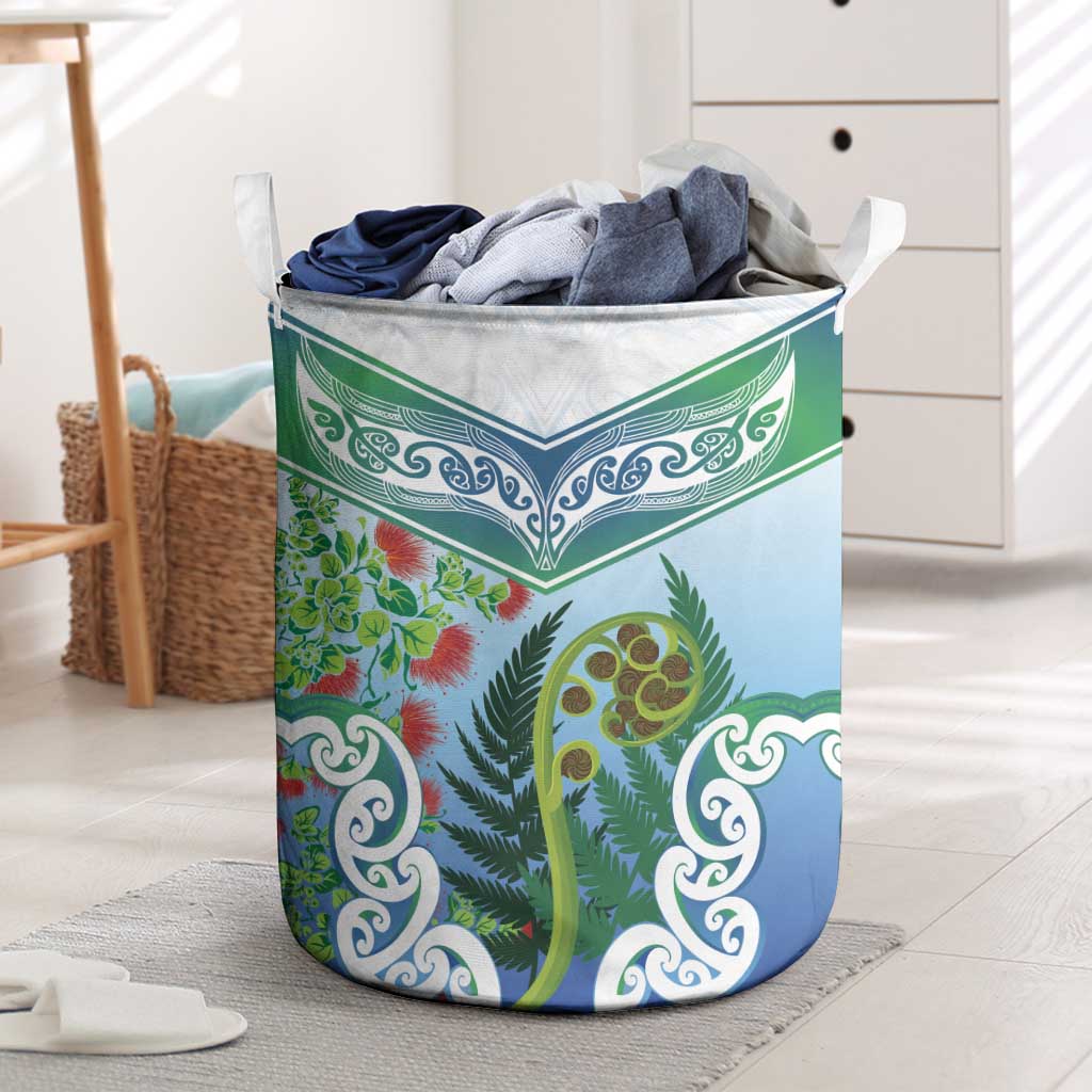 Aotearoa New Zealand Natural Plants Laundry Basket Pohutukawa with Silver Ferns Koru Frond Maori Tattoos LT03 Multicolor - Polynesian Pride
