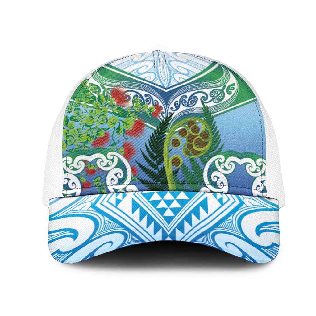 Aotearoa New Zealand Natural Plants Mesh Trucker Cap Pohutukawa with Silver Ferns Koru Frond Maori Tattoos LT03 One Size White Multicolor - Polynesian Pride
