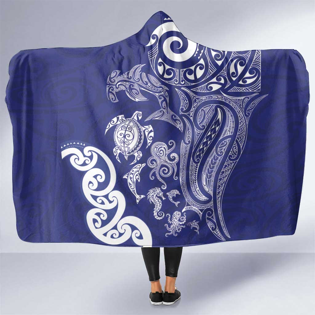 New Zealand Sea Animals with Maori Tribal Tattoo Hooded Blanket Blue Color LT03 One Size Blue - Polynesian Pride