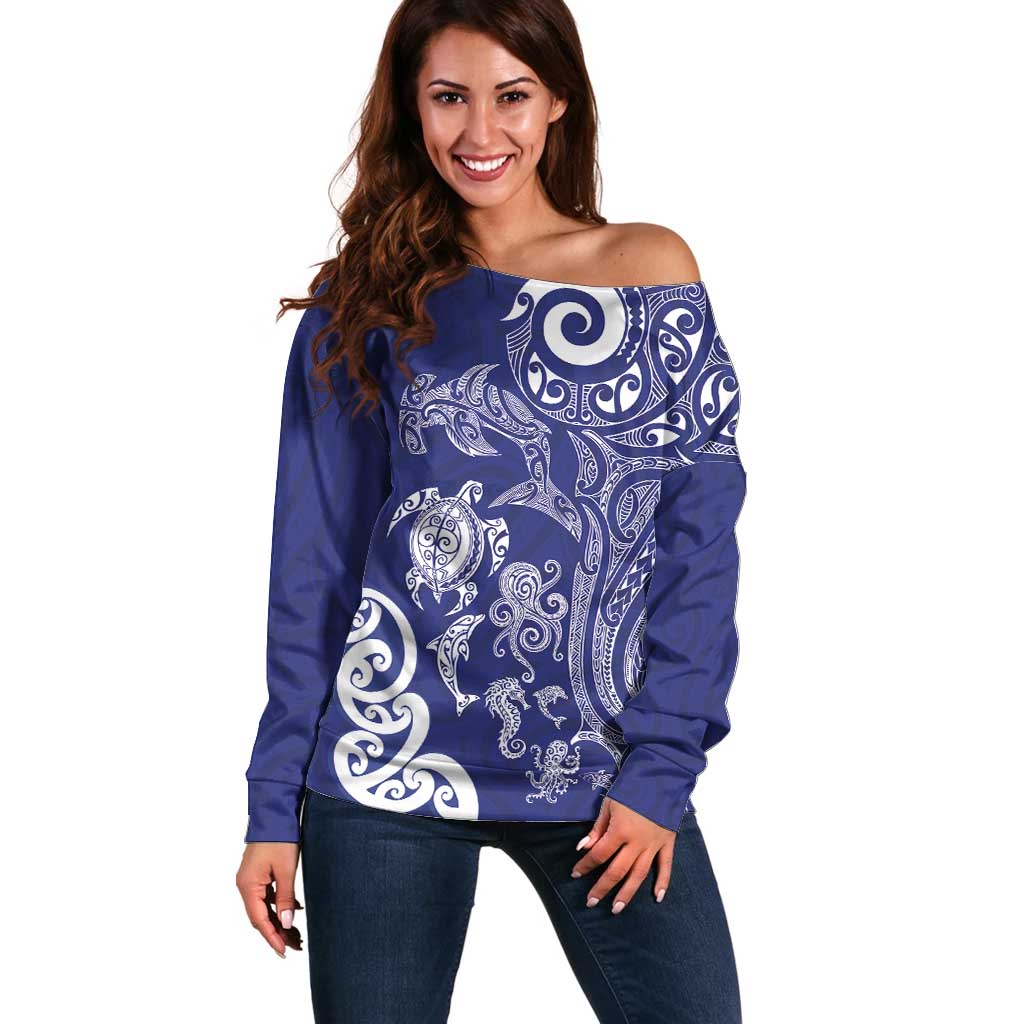New Zealand Sea Animals with Maori Tribal Tattoo Off Shoulder Sweater Blue Color LT03 Women Blue - Polynesian Pride