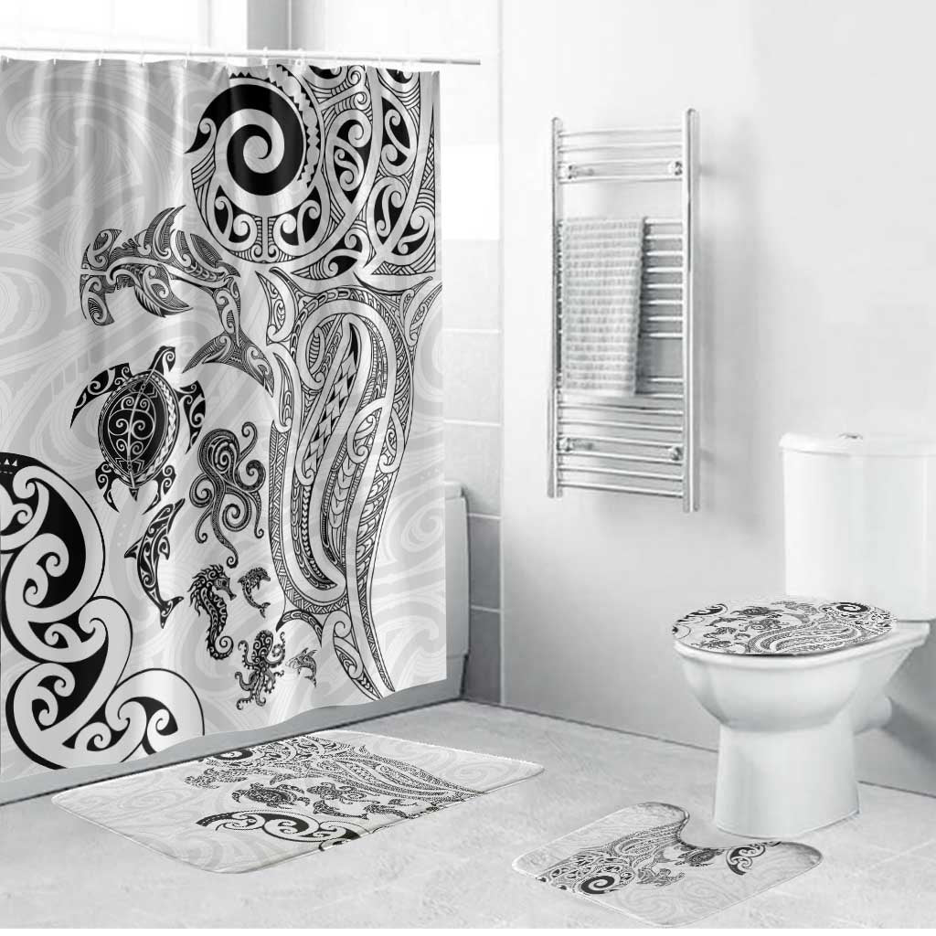 New Zealand Sea Animals with Maori Tribal Tattoo Bathroom Set White Color LT03 Bathroom Set (4 pcs) White - Polynesian Pride