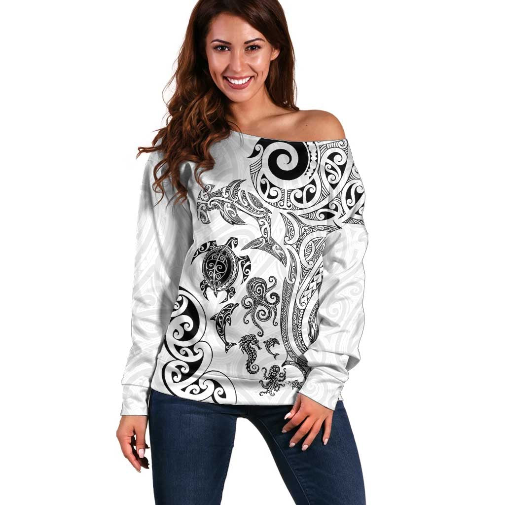 New Zealand Sea Animals with Maori Tribal Tattoo Off Shoulder Sweater White Color LT03 Women White - Polynesian Pride