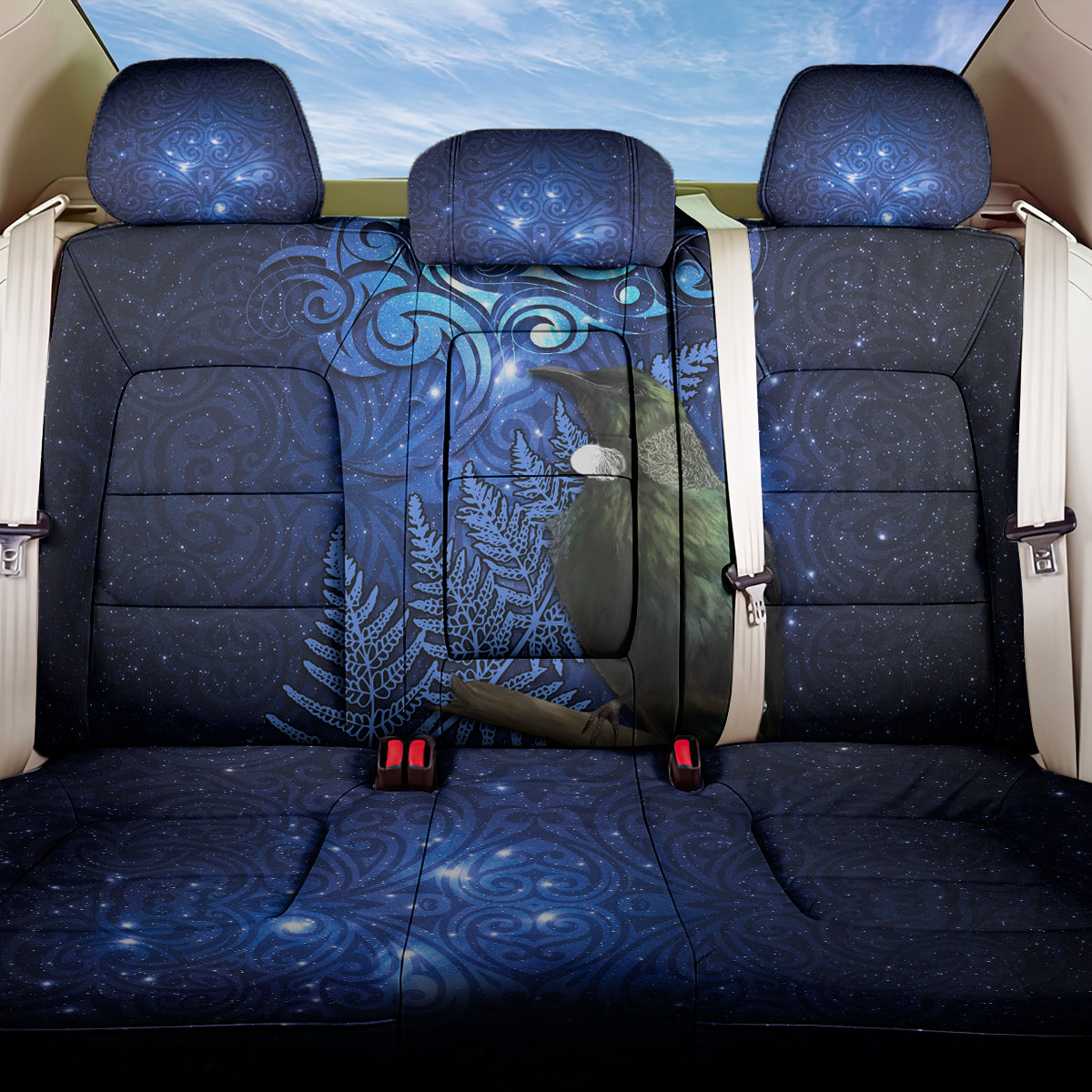 New Zealand Tui Bird Matariki Back Car Seat Cover Maori New Year with Galaxy Fern LT03 One Size Blue - Polynesian Pride